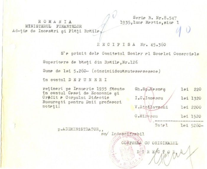 Z429 DOCUMENT VECHI-RECEPISA-SCOALA COMERCIALA SUPERIOARA DE BAIETI, BRAILA 1935