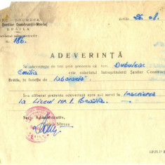 Z412 DOCUMENT VECHI-ADEVERINTA INSCRIERE LICEUL NR 1 BRAILA1966-DUDULEAC EMILIA