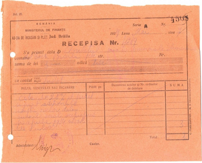 Z424 DOCUMENT VECHI-RECEPISA SCOALA COMERCIALA ELEMENTARA DE BAIETI, BRAILA 1934