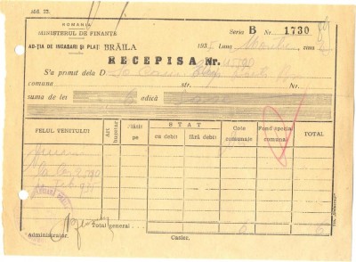 Z409 DOCUMENT VECHI-RECEPISA SCOALA COMERCIALA ELEMENTARA DE BAIETI, BRAILA 1935 foto