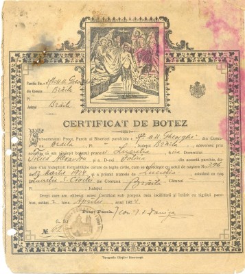 Z421 DOCUMENT VECHI-CERTIFICAT DE BOTEZ AL PRUNCEI LUCRETIA,TILICA ALEXANDRU1924 foto