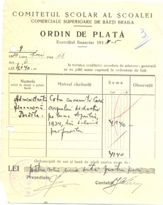 Z432 DOCUMENT VECHI-COMITETUL SCOALEI COMERCIALE SUPERIOARE DE BAIETI, BRAILA foto