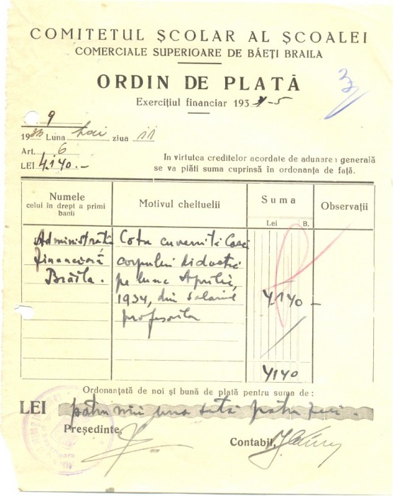Z432 DOCUMENT VECHI-COMITETUL SCOALEI COMERCIALE SUPERIOARE DE BAIETI, BRAILA
