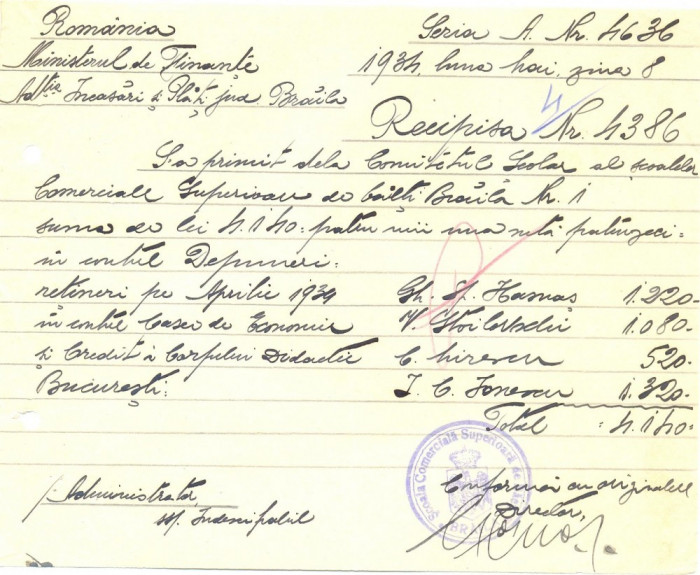 Z419 DOCUMENT VECHI-RECEPISA-SCOALA COMERCIALA SUPERIOARA DE BAIETI, BRAILA 1934