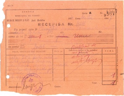 Z422 DOCUMENT VECHI-RECEPISA SCOALA COMERCIALA ELEMENTARA DE BAIETI, BRAILA 1934 foto