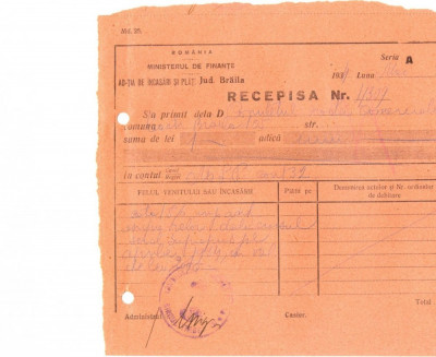 Z423 DOCUMENT VECHI-RECEPISA SCOALA COMERCIALA ELEMENTARA DE BAIETI, BRAILA 1934 foto