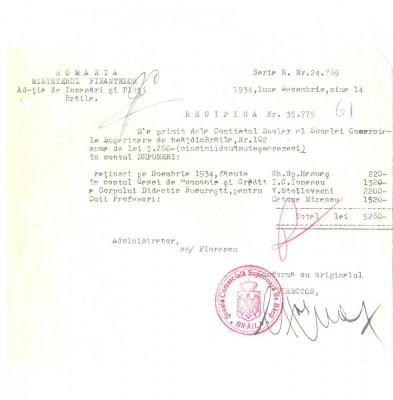 Z428 DOCUMENT VECHI-RECEPISA-SCOALA COMERCIALA SUPERIOARA DE BAIETI, BRAILA 1934 foto