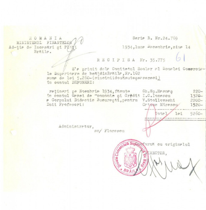 Z428 DOCUMENT VECHI-RECEPISA-SCOALA COMERCIALA SUPERIOARA DE BAIETI, BRAILA 1934