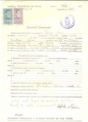 Z471 DOCUMENT VECHI -LICEUL TEORETIC DE FETE , BRAILA- TEOFILA MARCU -1942 foto