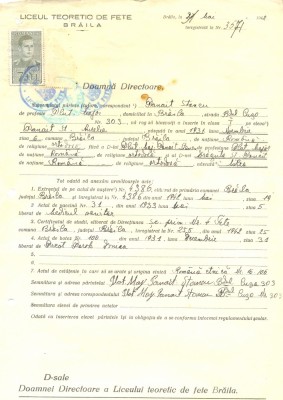 Z486 DOCUMENT VECHI -LICEUL TEORETIC DE FETE , BRAILA- PANAIT STANCU -1942 foto