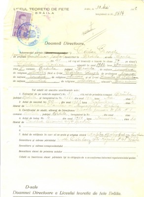 Z465 DOCUMENT VECHI -LICEUL TEORETIC DE FETE , BRAILA - CARLAN GHEORGHE - 1942 foto