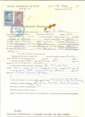 Z485 DOCUMENT VECHI -LICEUL TEORETIC DE FETE , BRAILA- POPA GR. STANCU -1942 foto