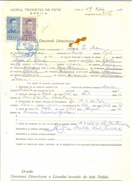 Z485 DOCUMENT VECHI -LICEUL TEORETIC DE FETE , BRAILA- POPA GR. STANCU -1942