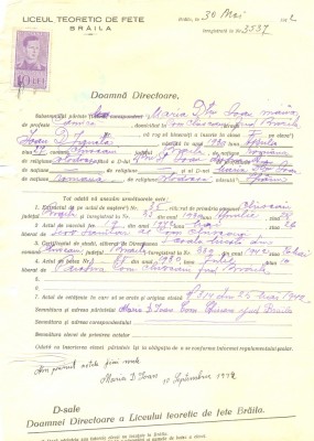 Z480 DOCUMENT VECHI -LICEUL TEORETIC DE FETE , BRAILA- MARIA DTRU IOAN -1942 foto