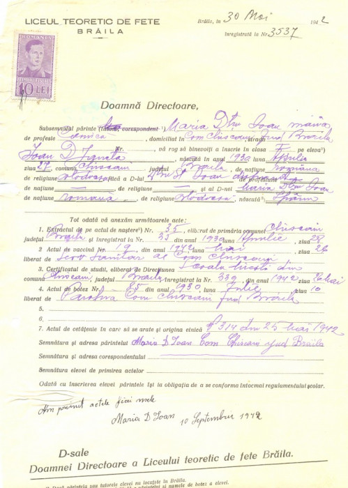 Z480 DOCUMENT VECHI -LICEUL TEORETIC DE FETE , BRAILA- MARIA DTRU IOAN -1942