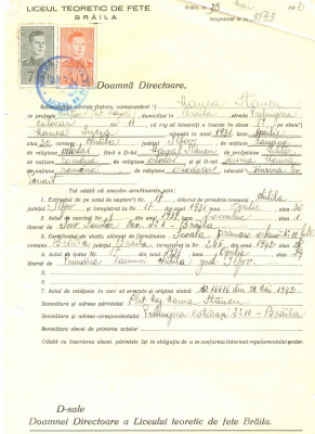 Z476 DOCUMENT VECHI -LICEUL TEORETIC DE FETE , BRAILA- MANEA STANCU -1942 foto