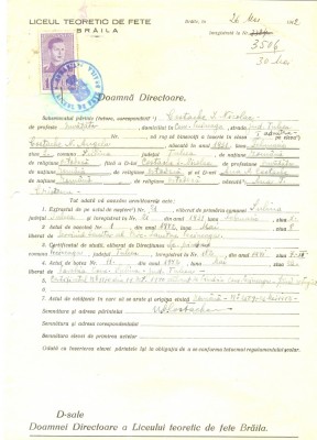 Z462 DOCUMENT VECHI -LICEUL TEORETIC DE FETE , BRAILA -COSTACHE I NICOLAE - 1942 foto