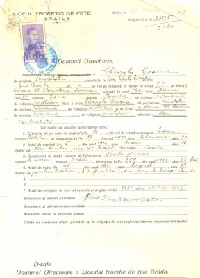 Z463 DOCUMENT VECHI -LICEUL TEORETIC DE FETE , BRAILA -GHEORGHE COSMA - 1942 foto