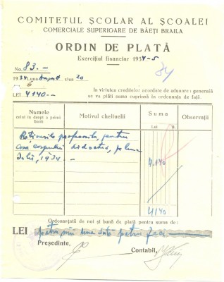 Z443 DOCUMENT VECHI-COMITETUL SCOALEI COMERCIALE SUPERIOARE DE BAIETI, BRAILA foto