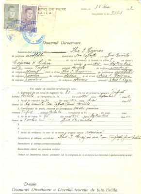 Z464 DOCUMENT VECHI -LICEUL TEORETIC DE FETE , BRAILA - ILIE I. COJOCEA - 1942 foto