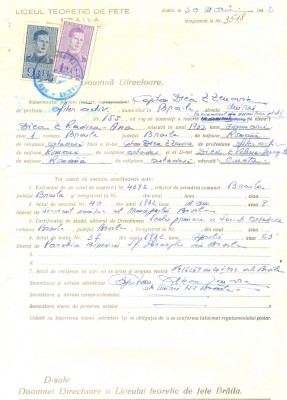 Z459 DOCUMENT VECHI -LICEUL TEORETIC DE FETE , BRAILA-CAPITAN DICA Z ZENOVIE1942 foto