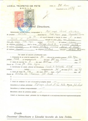 Z454 DOCUMENT VECHI -LICEUL TEORETIC DE FETE , BRAILA -PLOT.MAJOR IACOB NASTASE foto