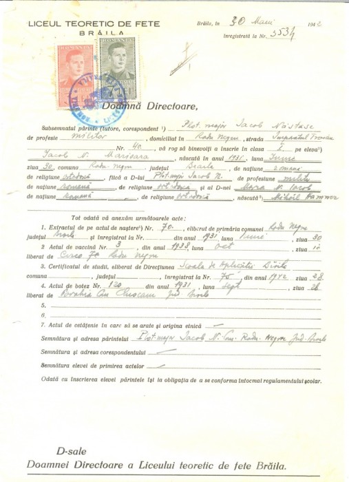 Z454 DOCUMENT VECHI -LICEUL TEORETIC DE FETE , BRAILA -PLOT.MAJOR IACOB NASTASE