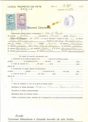 Z483 DOCUMENT VECHI -LICEUL TEORETIC DE FETE , BRAILA- PETCU L. GHEORGHE -1942 foto