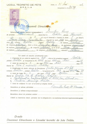 Z484 DOCUMENT VECHI -LICEUL TEORETIC DE FETE , BRAILA- DUMITRU PENES -1942 foto