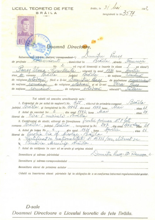 Z484 DOCUMENT VECHI -LICEUL TEORETIC DE FETE , BRAILA- DUMITRU PENES -1942