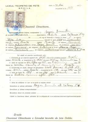 Z467 DOCUMENT VECHI -LICEUL TEORETIC DE FETE , BRAILA - BOGOI DUMITRU- 1942 foto