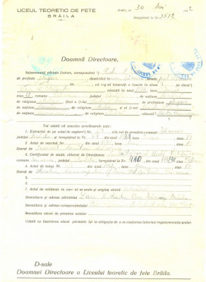 Z460 DOCUMENT VECHI -LICEUL TEORETIC DE FETE , BRAILA - RADU N. DAN - 1942 foto