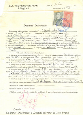 Z472 DOCUMENT VECHI -LICEUL TEORETIC DE FETE , BRAILA- AUREL MATEESCU -1942 foto