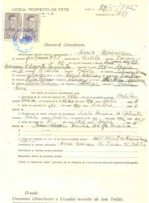 Z473 DOCUMENT VECHI -LICEUL TEORETIC DE FETE , BRAILA- MARIA MARINESCU -1942 foto