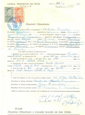 Z457 DOCUMENT VECHI -LICEUL TEORETIC DE FETE , BRAILA -CONSTANTIN DUMITRIU-1942 foto