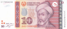 Bancnota Tadjikistan 10 Somoni 2017 - P24b UNC foto