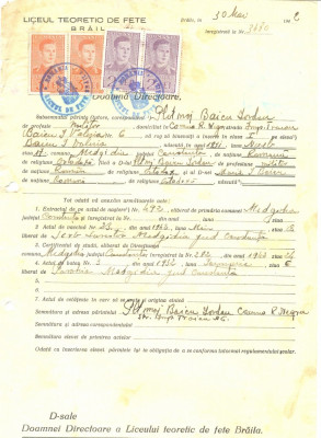 Z470 DOCUMENT VECHI-LICEUL TEORETIC DE FETE , BRAILA-PLOT.MAJ.BAICU IORDAN -1942 foto