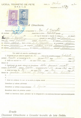 Z455 DOCUMENT VECHI -LICEUL TEORETIC DE FETE , BRAILA -ION S. GAVRILA -1942 foto