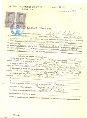 Z478 DOCUMENT VECHI -LICEUL TEORETIC DE FETE , BRAILA- IORDACHE N. MIHAIL -1942 foto