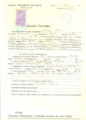 Z487 DOCUMENT VECHI -LICEUL TEORETIC DE FETE , BRAILA- NICOLAE NITICA -1942 foto