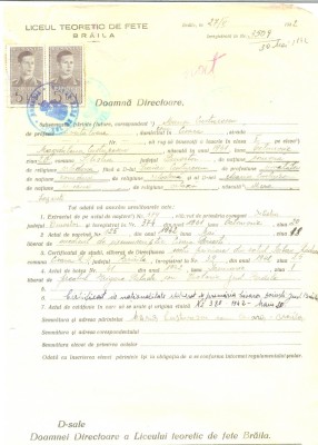 Z461 DOCUMENT VECHI -LICEUL TEORETIC DE FETE , BRAILA - MARIA CUSTURESCU - 1942 foto