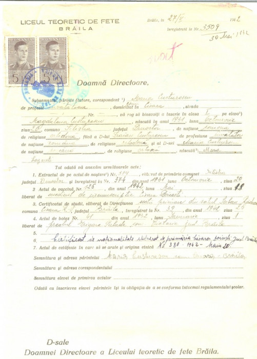 Z461 DOCUMENT VECHI -LICEUL TEORETIC DE FETE , BRAILA - MARIA CUSTURESCU - 1942