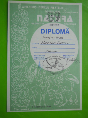 HOPCT DIPLOMA NR 42 -DIPLOMA DE ONOARE EXPO FILATELICA TIMISOARA NATURA 1989 foto