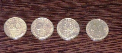 FRANTA 20 CENTIMES - LOT 4 MONEDE 1962, 1966, 1976, 1985 foto