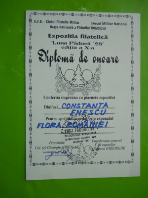 HOPCT DIPLOMA NR 26 - DIPLOMA DE ONOARE EXPO FILATELICA LUNA PADURII 1998 CCA foto