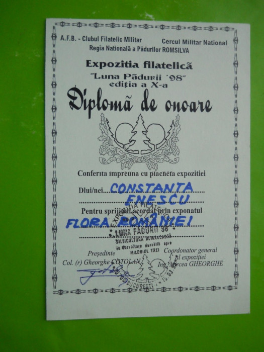 HOPCT DIPLOMA NR 26 - DIPLOMA DE ONOARE EXPO FILATELICA LUNA PADURII 1998 CCA