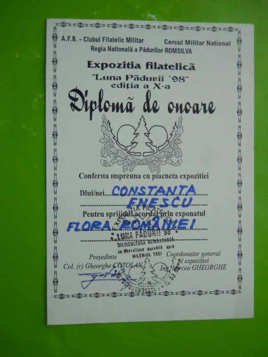 HOPCT DIPLOMA NR 26 - DIPLOMA DE ONOARE EXPO FILATELICA LUNA PADURII 1998 CCA