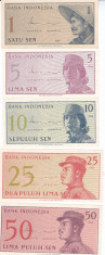 Bancnota Indonezia 1 - 50 Sen 1964 - P90-94 UNC ( set 5 bancnote ) foto