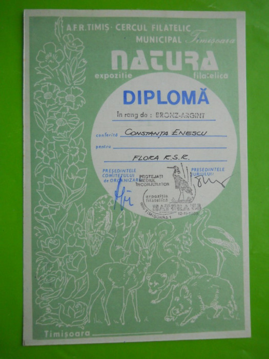 HOPCT DIPLOMA NR 43 -DIPLOMA DE ONOARE EXPO FILATELICA TIMISOARA NATURA 1988