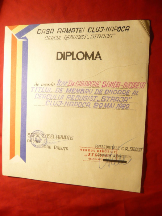 Diploma- Casa Armatei Cluj-Napoca acorda Titlu de Membru de Onoare al Cercului